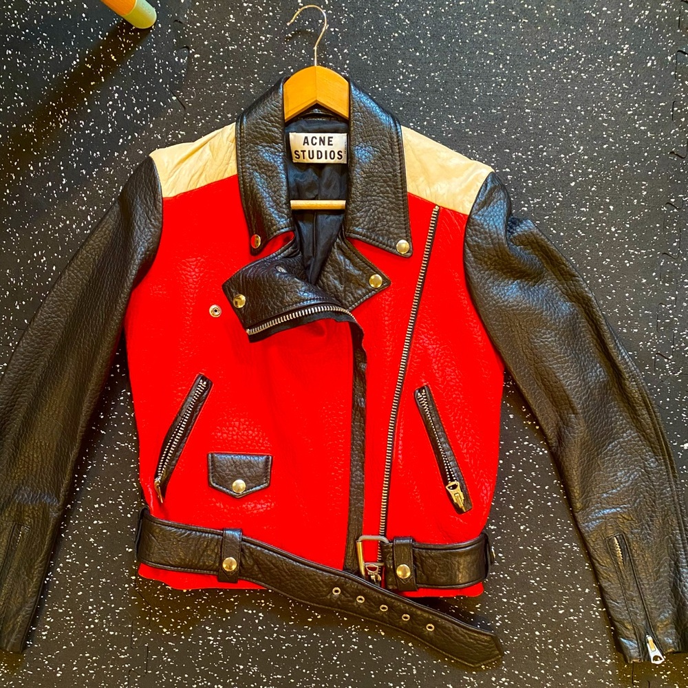 ACNE Colorblock Leather Moto Jacket 34 $1800